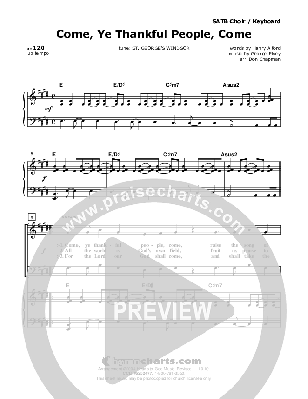 Come Ye Thankful People Come Piano/Vocal (SATB) (Don Chapman)
