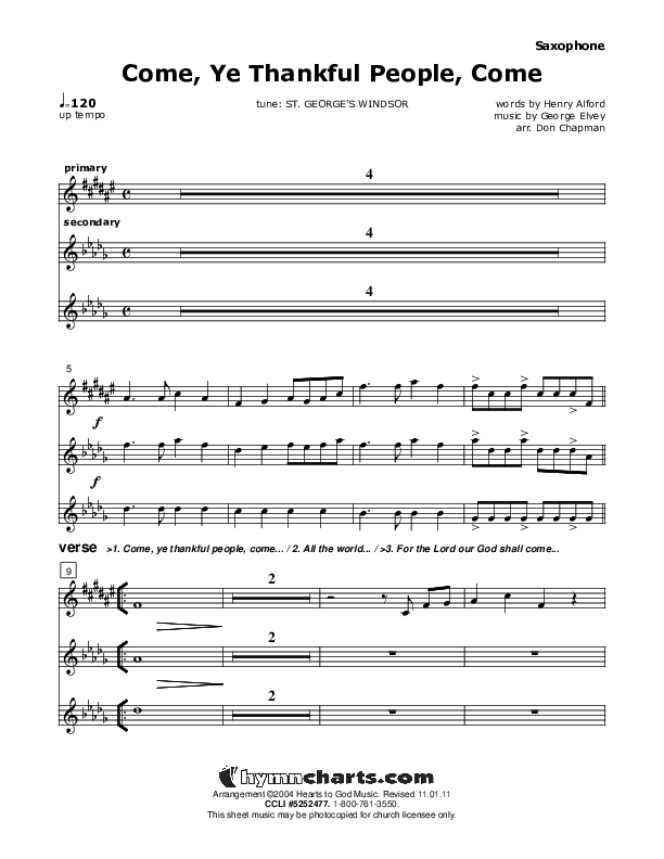 Come Ye Thankful People Come Saxophone (Don Chapman)