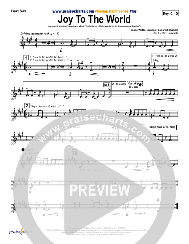 Joy To The World Bari Sax (PraiseCharts Band / Arr. Daniel Galbraith)