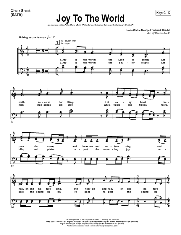 Joy To The World Choir Vocals (SATB) (PraiseCharts Band / Arr. Daniel Galbraith)