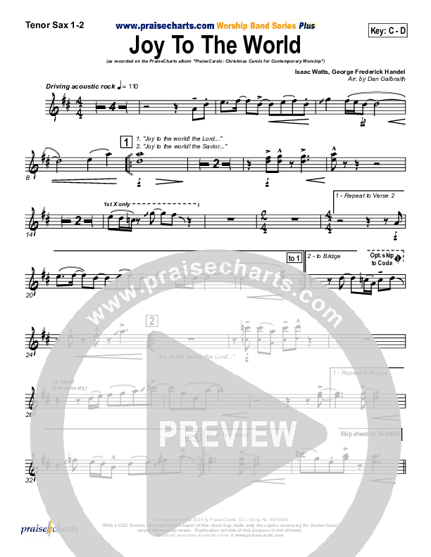 Joy To The World Tenor Sax 1/2 (PraiseCharts Band / Arr. Daniel Galbraith)