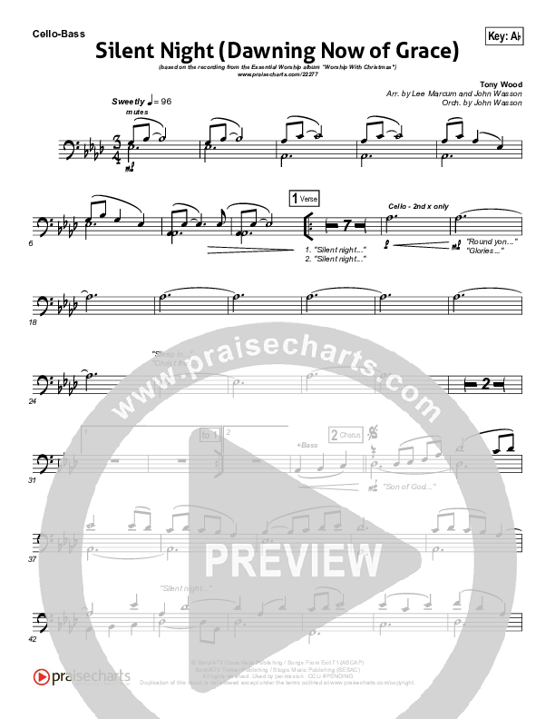 Silent Night (Dawning Now Of Grace) Cello/Bass (Essential Worship)