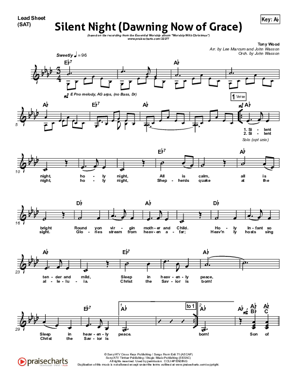 Silent Night (Dawning Now Of Grace) Lead Sheet (SAT) (Essential Worship)