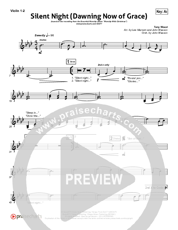 Silent Night (Dawning Now Of Grace) Violin 1/2 (Essential Worship)