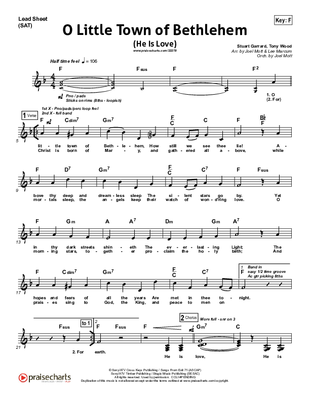 O Little Town Of Bethlehem (He Is Love) Lead Sheet (SAT) (Essential Worship)
