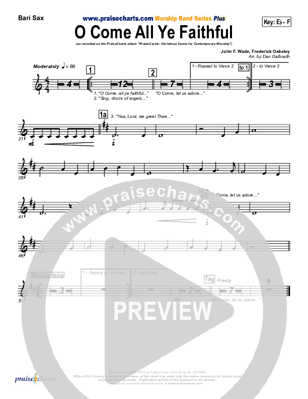 O Come All Ye Faithful Bari Sax (PraiseCharts Band / Arr. Daniel Galbraith)