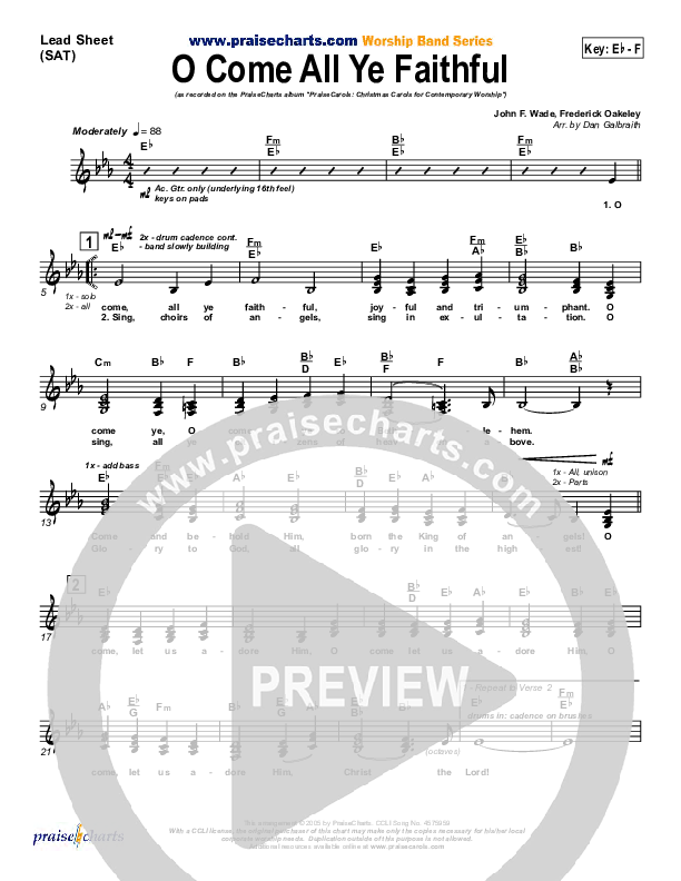O Come All Ye Faithful Lead Sheet (SAT) (PraiseCharts Band / Arr. Daniel Galbraith)