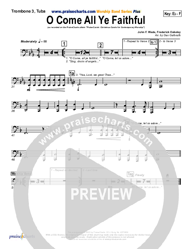 O Come All Ye Faithful Trombone 3/Tuba (PraiseCharts Band / Arr. Daniel Galbraith)