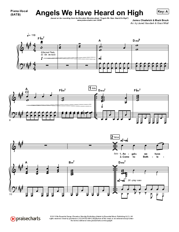 Angels We Have Heard On High Piano/Vocal (SATB) (Elevation Worship)