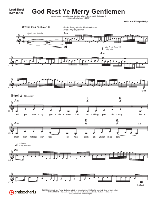 God Rest Ye Merry Gentlemen Lead Sheet (Melody) (Keith & Kristyn Getty)