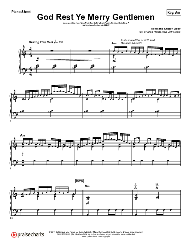 God Rest Ye Merry Gentlemen Piano Sheet (Keith & Kristyn Getty)