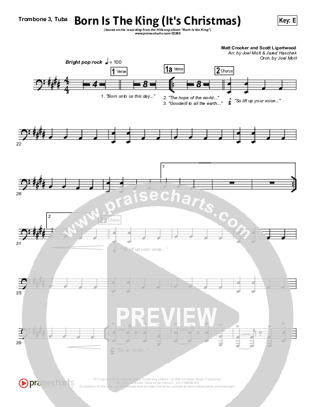 Born Is The King (It's Christmas) Trombone 3/Tuba (Hillsong Worship)