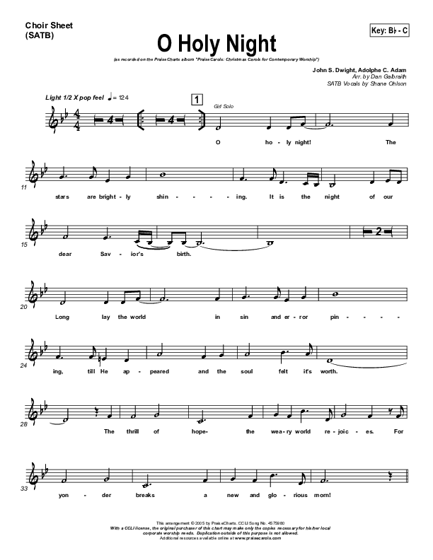 O Holy Night Vocal Sheet (SATB) (PraiseCharts Band / Arr. Daniel Galbraith)