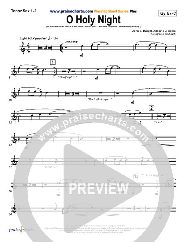 O Holy Night Tenor Sax 1/2 (PraiseCharts Band / Arr. Daniel Galbraith)