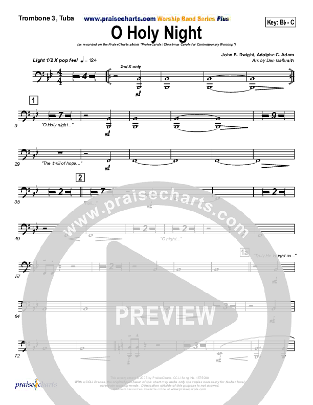 O Holy Night Trombone 3/Tuba (PraiseCharts Band / Arr. Daniel Galbraith)