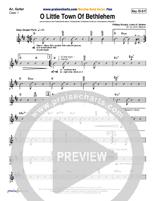 O Little Town Of Bethlehem Acoustic Guitar (PraiseCharts Band / Arr. John Wasson)