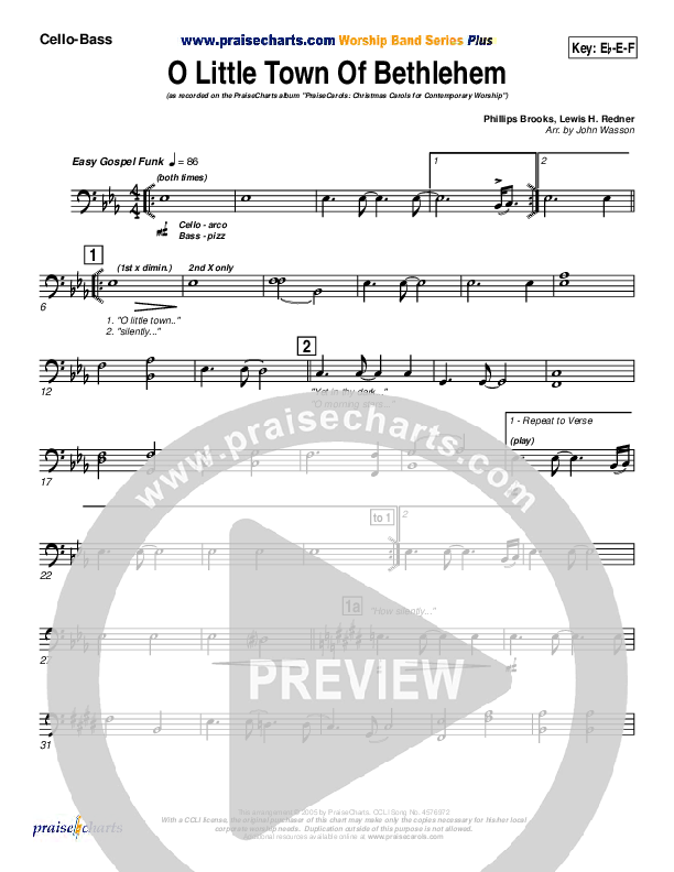 O Little Town Of Bethlehem Cello/Bass (PraiseCharts Band / Arr. John Wasson)
