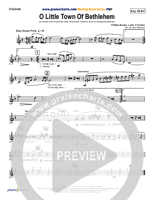 O Little Town Of Bethlehem Clarinet (PraiseCharts Band / Arr. John Wasson)