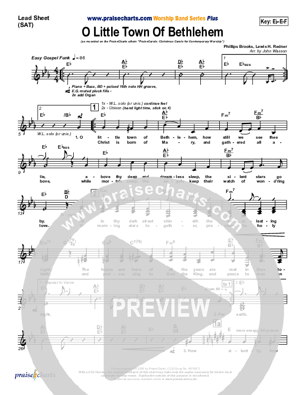 O Little Town Of Bethlehem Lead Sheet (SAT) (PraiseCharts Band / Arr. John Wasson)