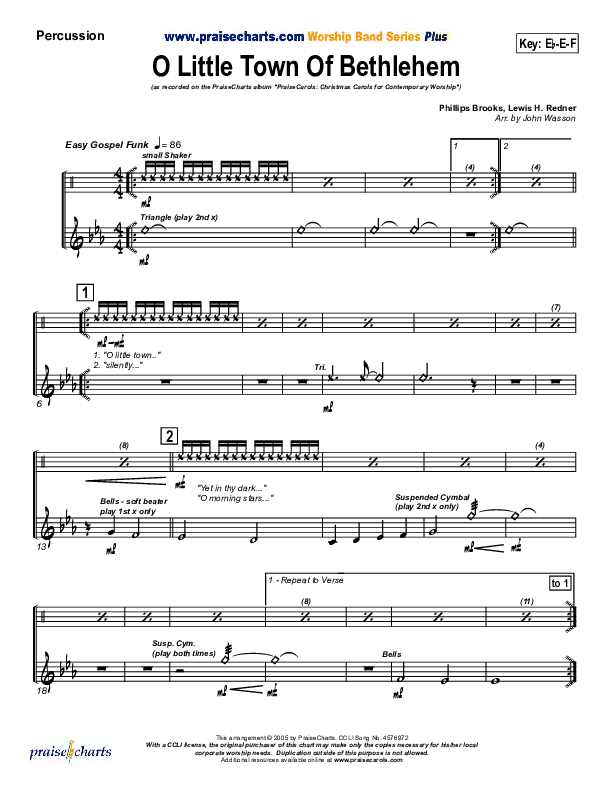 O Little Town Of Bethlehem Percussion (PraiseCharts Band / Arr. John Wasson)