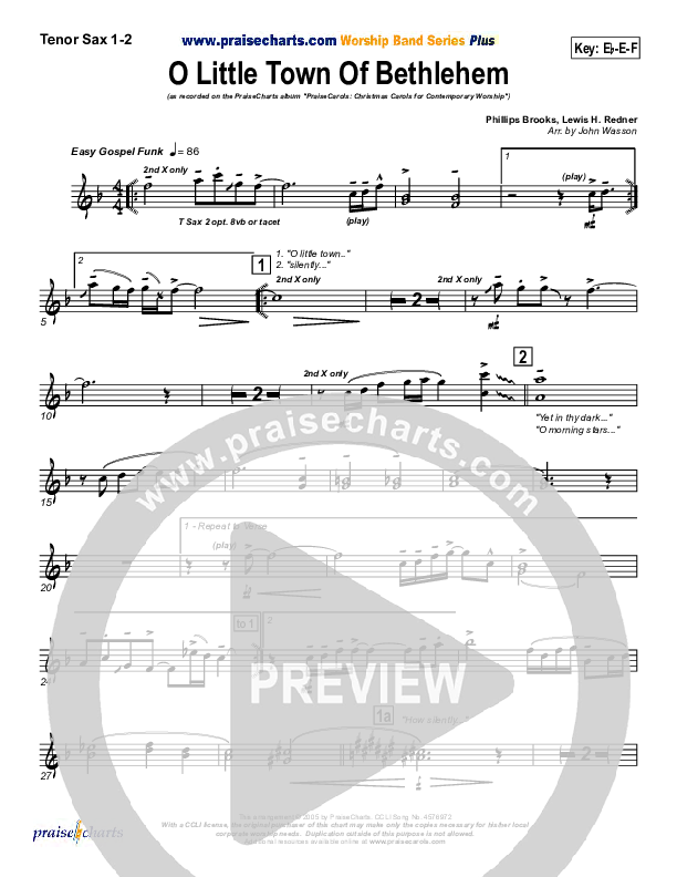 O Little Town Of Bethlehem Tenor Sax 1/2 (PraiseCharts Band / Arr. John Wasson)