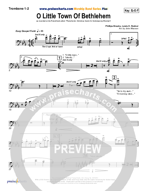 O Little Town Of Bethlehem Trombone 1/2 (PraiseCharts Band / Arr. John Wasson)
