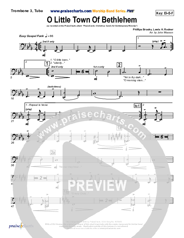O Little Town Of Bethlehem Trombone 3 (PraiseCharts Band / Arr. John Wasson)