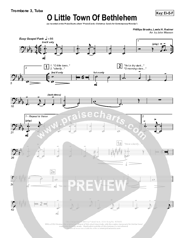O Little Town Of Bethlehem Trombone 3/Tuba (PraiseCharts Band / Arr. John Wasson)