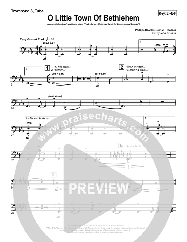 O Little Town Of Bethlehem Trombone 3/Tuba (PraiseCharts Band / Arr. John Wasson)
