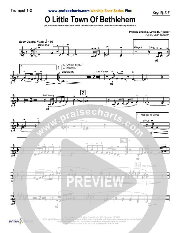O Little Town Of Bethlehem Trumpet 1,2 (PraiseCharts Band / Arr. John Wasson)
