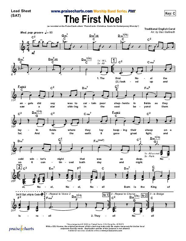 The First Noel Lead Sheet (SAT) (PraiseCharts Band / Arr. Daniel Galbraith)