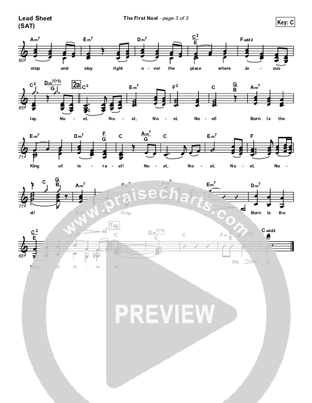 The First Noel Lead Sheet (SAT) (PraiseCharts Band / Arr. Daniel Galbraith)