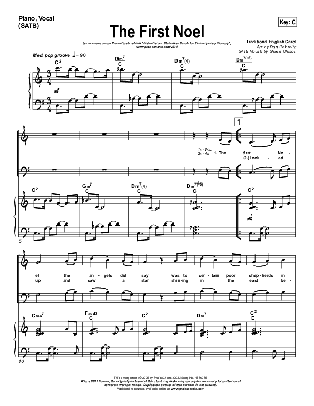 The First Noel Piano/Vocal (SATB) (PraiseCharts Band / Arr. Daniel Galbraith)
