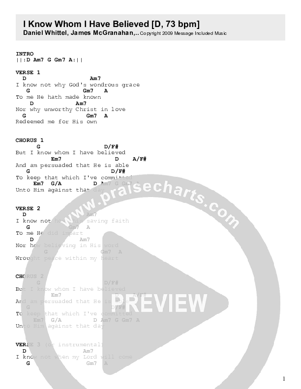 I Know Whom I Have Believed Chords & Lyrics (Kevin Pledger)