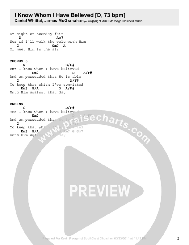 I Know Whom I Have Believed Chords & Lyrics (Kevin Pledger)
