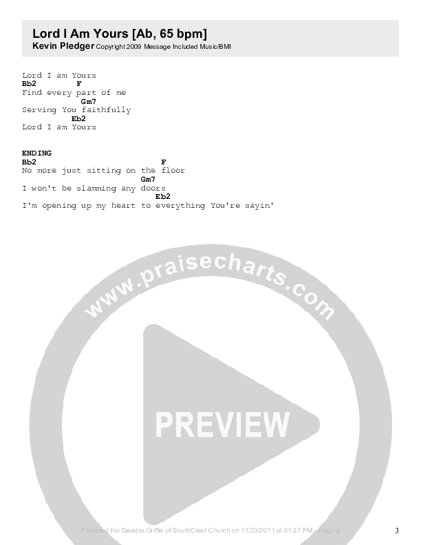 Lord I Am Yours Chords & Lyrics (Kevin Pledger)