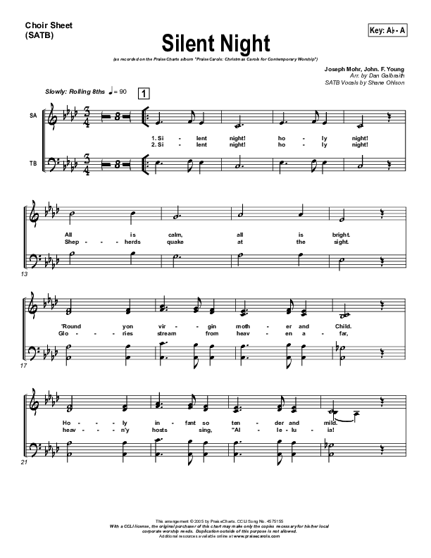 Silent Night Choir Sheet (SATB) (PraiseCharts Band / Arr. Daniel Galbraith)