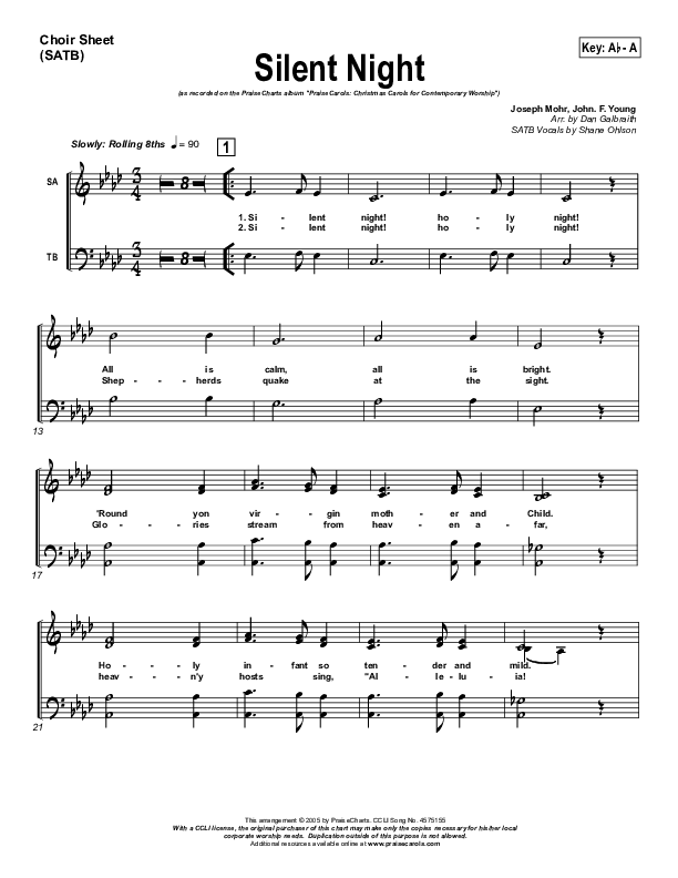 Silent Night Choir Vocals (SATB) (PraiseCharts Band / Arr. Daniel Galbraith)