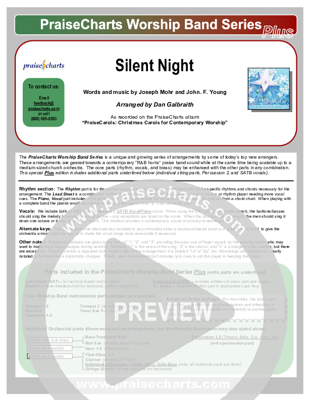 Silent Night Cover Sheet (PraiseCharts Band / Arr. Daniel Galbraith)