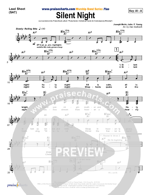 Silent Night Lead Sheet (SAT) (PraiseCharts Band / Arr. Daniel Galbraith)