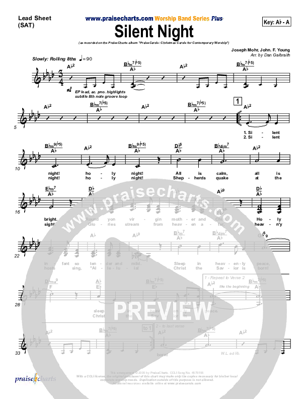 Silent Night Lead Sheet (SAT) (PraiseCharts Band / Arr. Daniel Galbraith)