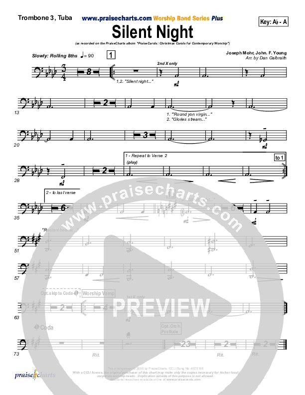 Silent Night Trombone 3/Tuba (PraiseCharts Band / Arr. Daniel Galbraith)