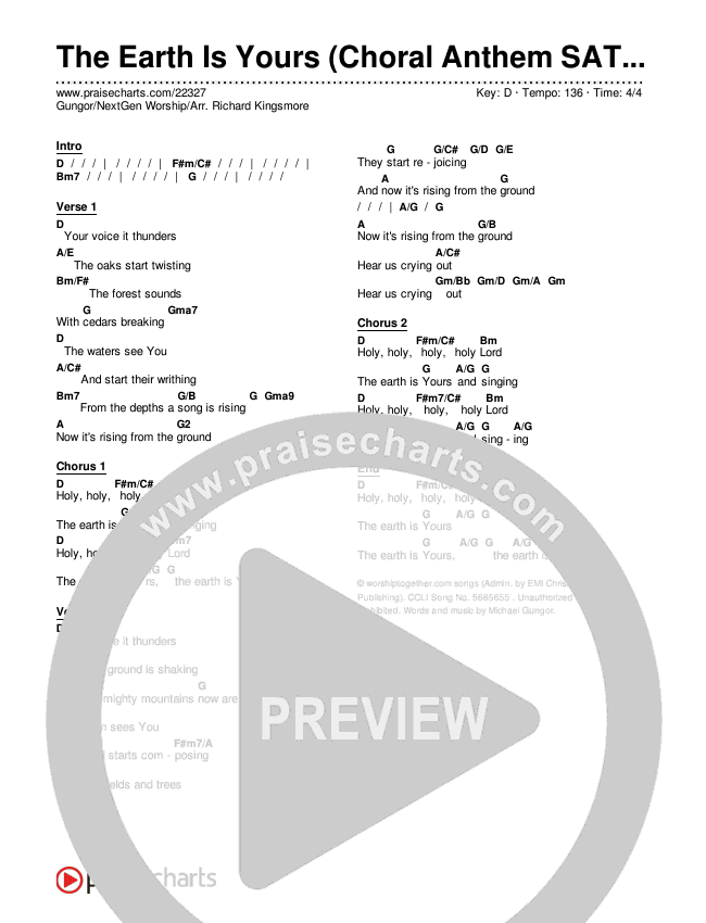 The Earth Is Yours (Choral Anthem SATB) Chords & Lyrics (Gungor / NextGen Worship / Arr. Richard Kingsmore)
