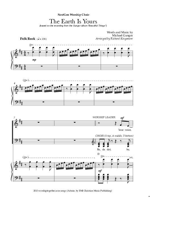 The Earth Is Yours (Choral Anthem SATB) Piano/Vocal (Gungor / NextGen Worship / Arr. Richard Kingsmore)
