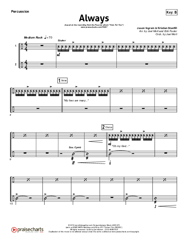 Always (Choral Anthem SATB) Percussion (Kristian Stanfill / NextGen Worship / Arr. Richard Kingsmore)