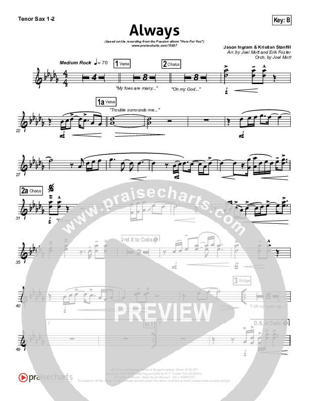 Always (Choral Anthem SATB) Tenor Sax 1/2 (Kristian Stanfill / NextGen Worship / Arr. Richard Kingsmore)
