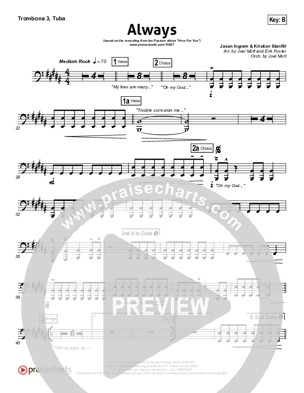 Always (Choral Anthem SATB) Trombone 3/Tuba (Kristian Stanfill / NextGen Worship / Arr. Richard Kingsmore)