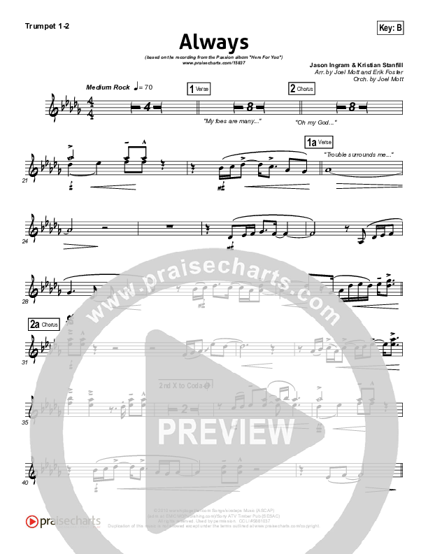 Always (Choral Anthem SATB) Trumpet 1,2 (Kristian Stanfill / NextGen Worship / Arr. Richard Kingsmore)
