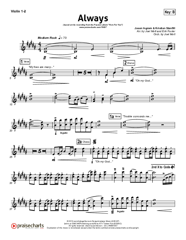 Always (Choral Anthem SATB) Violin 1/2 (Kristian Stanfill / NextGen Worship / Arr. Richard Kingsmore)