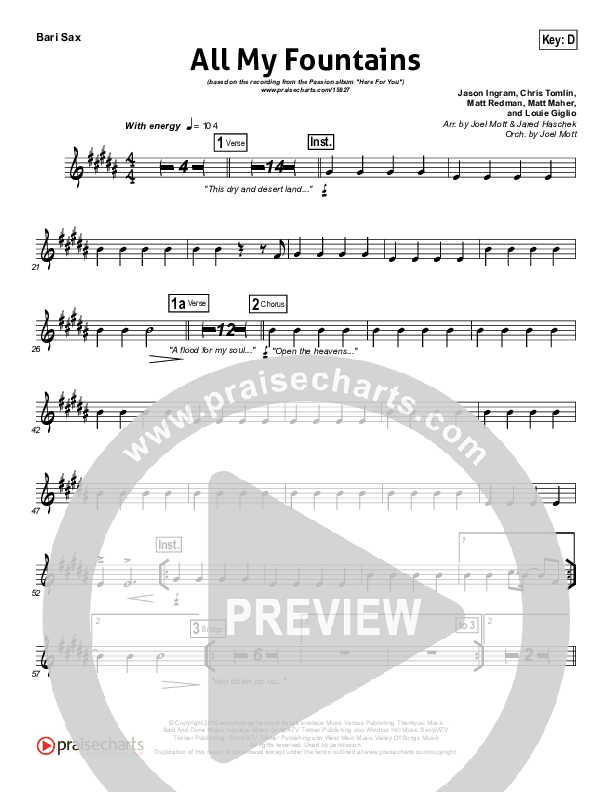 All My Fountains (Choral Anthem SATB) Bari Sax (Chris Tomlin / NextGen Worship / Arr. Richard Kingsmore)